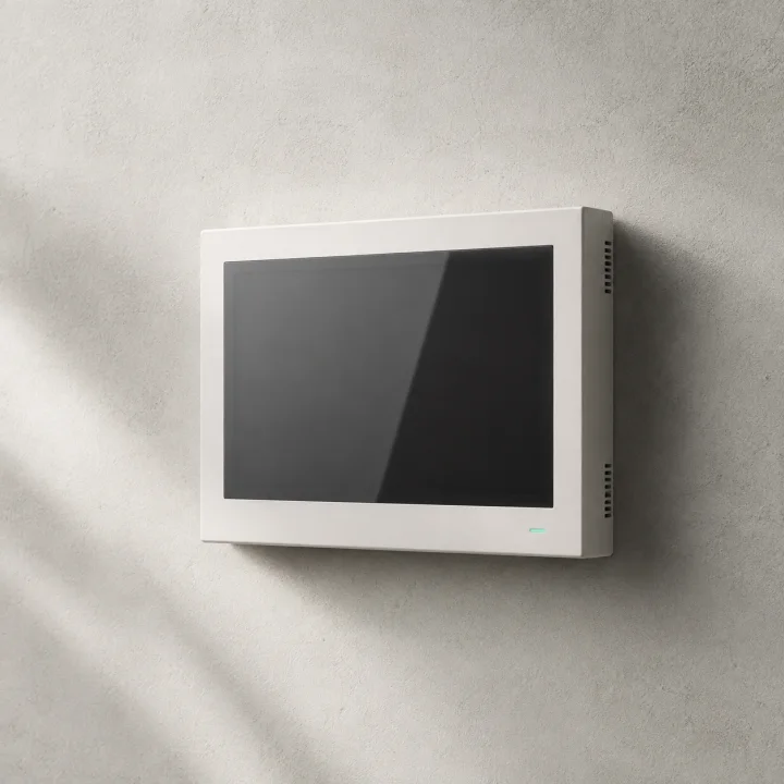 Rectangular Nara Climate T1 thermostat mounted on a pale wall